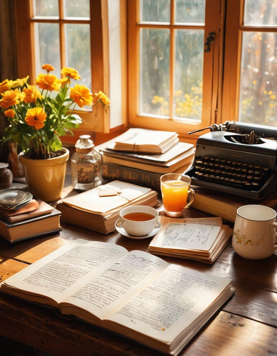 A nostalgic and warm illustration depicting an open diary on a rustic wooden table, surrounded by family photographs and heirlooms that evoke memories. Bright sunlight filters through a nearby window, casting golden hues on the pages filled with handwritten stories. In the background, a cozy living room setting hints at a rich family history. Include elements like a vintage typewriter and a steaming cup of tea for a comforting touch. vibrant colors. painting.