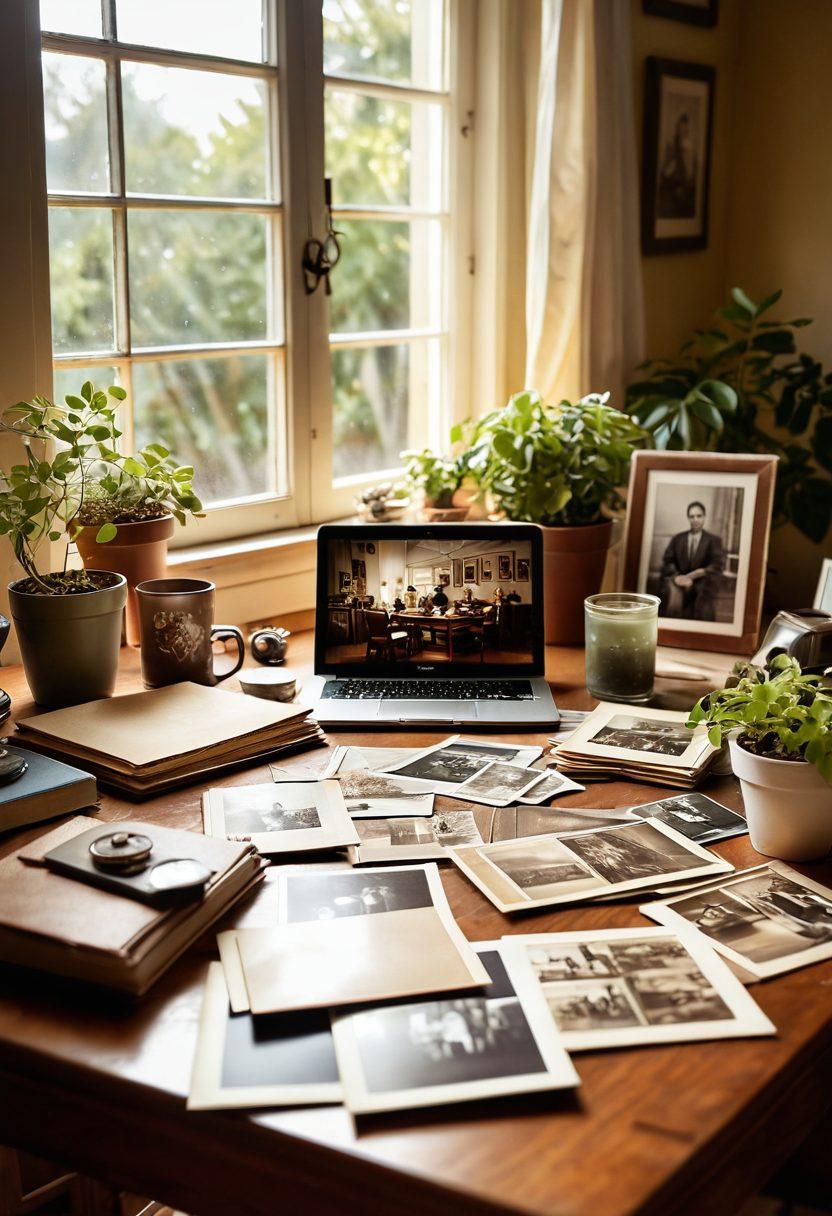 A cozy family gathering around a wooden table filled with old photographs and digital devices, representing the blend of family history and modern lifestyle. Sunlight streams through a window, creating a warm atmosphere. Include elements like an open laptop and a vintage scrapbook. The room is adorned with plants and family heirlooms. soft focus. warm colors. 3D.